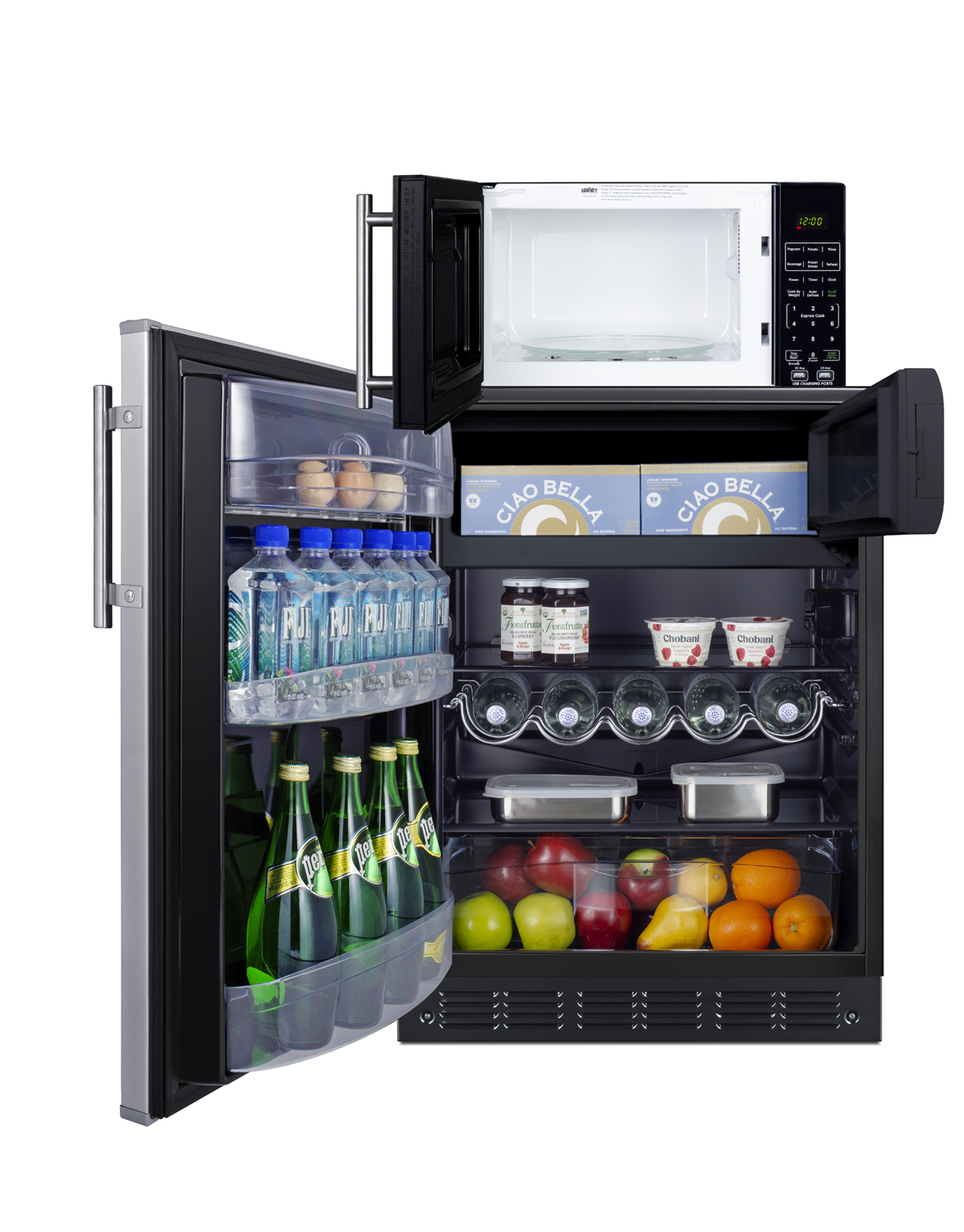 Counter height refrigerator-freezer with stainless steel door and compact microwave in black with allocator and USB ports for 1-plug operation; ships in three boxes on one pallet